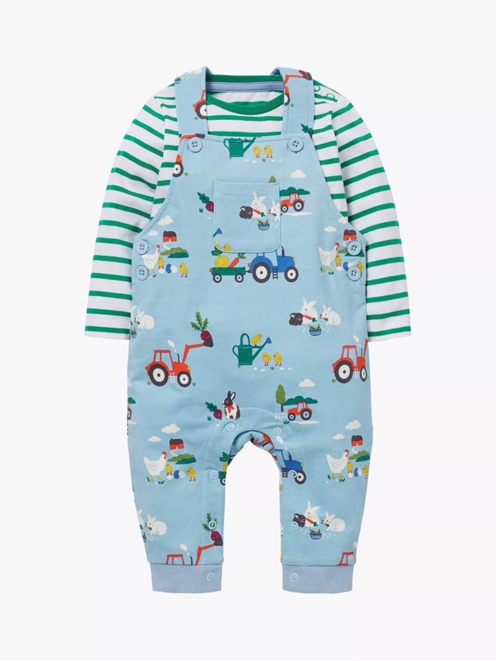 Baby Boden Tractor Dungaree Set, Light Blue Farm Print with Green Stripe Tee